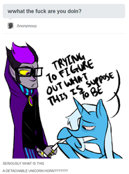 Size: 527x708 | Tagged: safe, trixie, pony, unicorn, g4, ask, ask-stoned-trixie, cape, clothes, crossover, duo, eridan ampora, female, glasses, homestuck, magic wand, male, mare, ring, stoned trixie, troll (homestuck), tumblr