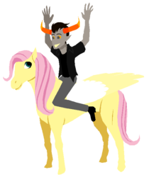 Size: 521x620 | Tagged: safe, fluttershy, pegasus, pony, g4, crossover, duo, female, homestuck, male, mare, riding, simple background, tavros nitram, tavroshy, transparent background, troll (homestuck)