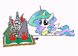 Size: 900x653 | Tagged: safe, artist:thewormouroboros, princess celestia, pony, g4, animated, book, female, pop-up book, pyromaniac, solo, this will end in death, this will end in fire, this will end in tears, this will end in tears and/or death