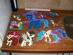 Size: 768x576 | Tagged: safe, artist:rphb, apple bloom, applejack, derpy hooves, gilda, princess celestia, trixie, twilight sparkle, griffon, pegasus, pony, g4, book, female, mare, perler beads, photo