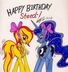 Size: 1324x1394 | Tagged: safe, artist:newyorkx3, princess luna, spitfire, alicorn, pegasus, pony, g4, bedroom eyes, birthday, bow, butt, butt shake, female, implied oc, looking at you, looking back, mare, moonbutt, open mouth, plot, smiling, traditional art