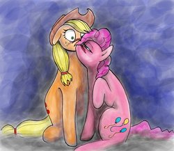 Size: 1700x1473 | Tagged: safe, artist:man-eating-llama, applejack, pinkie pie, earth pony, pony, g4, blushing, duo, female, kissing, lesbian, mare, ship:applepie, shipping