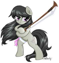 Size: 1121x1200 | Tagged: safe, artist:kaizenwerx, octavia melody, earth pony, pony, g4, alternate hairstyle, bipedal, bow (instrument), female, loose hair, simple background, solo, sword, transparent background