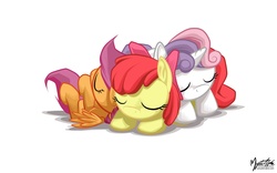 Size: 1920x1200 | Tagged: safe, artist:mysticalpha, apple bloom, scootaloo, sweetie belle, earth pony, pony, g4, cuddle puddle, cuddling, cute, cutie mark crusaders, female, filly, old version, pony pile, sleep pile, sleeping, wallpaper