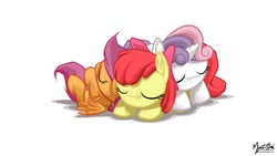 Size: 2560x1440 | Tagged: safe, artist:mysticalpha, apple bloom, scootaloo, sweetie belle, earth pony, pony, g4, cuddle puddle, cuddling, cute, cutie mark crusaders, female, filly, pony pile, sleeping, wallpaper