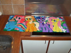 Size: 900x675 | Tagged: safe, artist:rphb, angel bunny, applejack, fluttershy, minuette, mr. turnip, photo finish, pinkie pie, rainbow dash, sapphire shores, spike, twilight sparkle, g4, kitchen, mane seven, perler beads, photo, wip