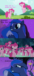 Size: 500x1115 | Tagged: safe, edit, edited screencap, screencap, pinkie pie, princess luna, earth pony, pony, g4, my little pony: friendship is magic, too many pinkie pies, backwards hub logo, clone, comic, cute, doubled, female, fun, mare, meme, pinkie clone, quadrupled, quintupled, sextupled, that cute clone, the fun has been doubled, tripled