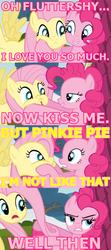 Size: 500x1122 | Tagged: safe, edit, edited screencap, screencap, fluttershy, pinkie pie, earth pony, pegasus, pony, g4, comic, female, image macro, lesbian, screencap comic, ship:flutterpie, shipping, shipping denied, squishy, squishy cheeks