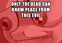 Size: 316x220 | Tagged: safe, artist:tswt, edit, rainbow dash, g4, caption, meme, only the dead can know peace from this evil, reaction image, special eyes