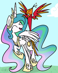 Size: 1253x1583 | Tagged: safe, artist:cuttycommando, philomena, princess celestia, phoenix, g4