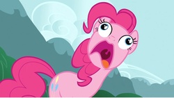 Size: 1366x772 | Tagged: safe, screencap, pinkie pie, g4, too many pinkie pies, derp, faic, pinkie frogmouth, reaction image