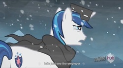Size: 1557x867 | Tagged: safe, screencap, shining armor, g4, the crystal empire, snow goggles, youtube caption, youtube link
