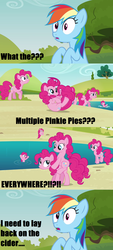 Size: 500x1107 | Tagged: safe, edit, edited screencap, screencap, pinkie pie, rainbow dash, earth pony, pony, g4, too many pinkie pies, caption, cider, clone, comic, female, image macro, mare, pinkie clone, ponies riding ponies, riding, screencap comic, self riding