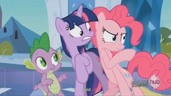 Size: 1539x859 | Tagged: safe, screencap, pinkie pie, spike, twilight sparkle, g4, the crystal empire, gold, hub logo, scrunchy face, youtube caption, youtube link