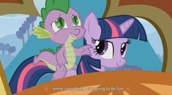 Size: 1559x861 | Tagged: safe, screencap, spike, twilight sparkle, dragon, pony, g4, the crystal empire, dragons riding ponies, riding, youtube caption, youtube link