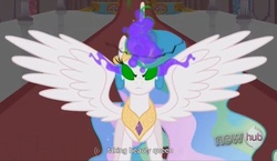 Size: 1491x865 | Tagged: safe, screencap, princess celestia, alicorn, pony, g4, the crystal empire, dark magic, female, hub logo, jewelry, magic, mare, peytral, solo, sombra eyes, spread wings, tiara, wings, youtube caption, youtube link