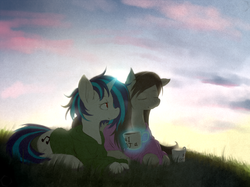 Size: 2666x1999 | Tagged: safe, artist:swaetshrit, dj pon-3, octavia melody, vinyl scratch, earth pony, pony, unicorn, g4, duo, female, grass, lesbian, morning ponies, ship:scratchtavia, shipping