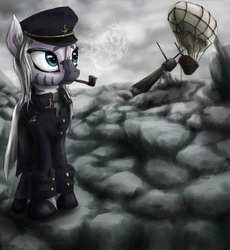 Size: 900x977 | Tagged: safe, artist:rule1of1coldfire, pony, zebra, airship, clothes, coat, hat, nightwish, pipe, smoke, smoking, solo, somber, the islander, uniform