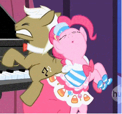 Size: 515x480 | Tagged: safe, screencap, frederic horseshoepin, pinkie pie, earth pony, pony, g4, the best night ever, animated, bipedal, butt bump, butt rub, butt to butt, butt touch, clothes, cropped, dress, eyes closed, female, gala dress, grand galloping gala, grimace, groin attack, loop, male, mare, musical instrument, out of context, pain, piano, pony pokey, singing, stallion, wat, you know for kids