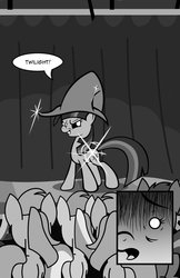 Size: 900x1391 | Tagged: safe, artist:bronycurious, trixie, twilight sparkle, pony, comic:recovery, g4, butt, female, mare, monochrome, plot, role reversal
