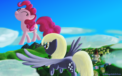 Size: 1024x640 | Tagged: safe, artist:deathpwny, derpy hooves, pinkie pie, pegasus, pony, g4, cloud, cloudy, duo, eyes closed, female, flying, fuck the police, house, in which pinkie pie forgets how to gravity, mare, pinkie being pinkie, pinkie physics, ponyville, sky, tree, walking on air