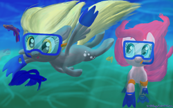 Size: 1000x625 | Tagged: safe, artist:deathpwny, derpy hooves, pinkie pie, eel, fish, pegasus, pony, g4, diving, female, flippers (gear), goggles, mare, snorkel, swim mask, underwater