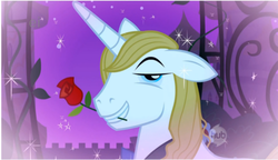 Size: 468x270 | Tagged: safe, screencap, prince blueblood, pony, unicorn, g4, bust, flower, male, mouth hold, portrait, rose, solo, stallion