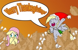 Size: 1011x648 | Tagged: safe, artist:extremeasaur5000, derpy hooves, fluttershy, pegasus, pony, turkey, g4, abuse, air freshener, crying, female, flutterbuse, fluttercry, hat, mare, santa hat, thanksgiving