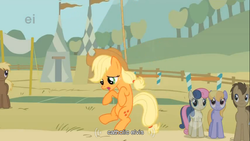 Size: 854x480 | Tagged: safe, edit, edited screencap, screencap, applejack, bon bon, cloud kicker, coco crusoe, doctor whooves, sweetie drops, time turner, earth pony, pony, fall weather friends, g4, catholicism, elvis presley, female, male, mare, meme, religion, stallion, youtube caption