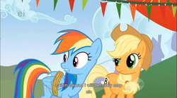 Size: 855x475 | Tagged: safe, screencap, applejack, rainbow dash, fall weather friends, g4, my little pony: friendship is magic, youtube caption