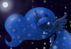 Size: 1300x900 | Tagged: safe, artist:lemon-heartss, princess luna, alicorn, pony, g4, eyes closed, female, flying, mare, moon, night, solo