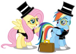 Size: 7866x5627 | Tagged: safe, artist:austiniousi, fluttershy, rainbow dash, pegasus, pony, g4, absurd resolution, cane, clothes, female, folded wings, hat, mare, monocle, simple background, spread wings, suitcase, top hat, transparent background, tuxedo, vector, wings