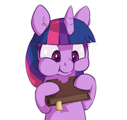 Size: 1318x1244 | Tagged: source needed, safe, artist:zonkpunch, twilight sparkle, pony, unicorn, g4, :t, bibliovore, book, eating, female, hoof hold, pica, puffy cheeks, smiling, solo, that pony sure does love books, unicorn twilight, wat