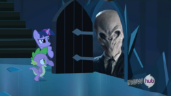 Size: 854x480 | Tagged: safe, spike, twilight sparkle, g4, my little pony: friendship is magic, the crystal empire, doctor who, exploitable meme, meme, silence, the scary door