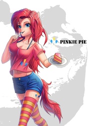 Size: 1131x1600 | Tagged: safe, artist:takos000, pinkie pie, human, g4, cake, cleavage, clothes, cutie mark, eared humanization, eating, female, food, humanized, shorts, solo, spoon, stockings, tailed humanization