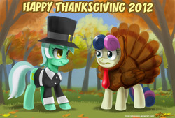 Size: 1100x744 | Tagged: safe, artist:johnjoseco, bon bon, lyra heartstrings, sweetie drops, earth pony, pony, turkey, unicorn, g4, costume, thanksgiving, turkey costume