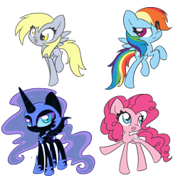Size: 1500x1500 | Tagged: safe, artist:piichu-pi, derpy hooves, nightmare moon, pinkie pie, rainbow dash, alicorn, earth pony, pegasus, pony, unicorn, g4, chibi, eye clipping through hair, female, hoof shoes, mare, rearing, simple background, transparent background