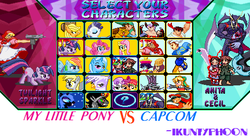 Size: 480x265 | Tagged: safe, artist:ikuntyphoon, applejack, derpy hooves, fluttershy, gilda, king sombra, nightmare moon, pinkie pie, rainbow dash, rarity, trixie, twilight sparkle, griffon, pegasus, pony, g4, capcom, character select, crossover, cutie mark crusaders, female, mare, sprite