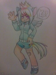 Size: 768x1024 | Tagged: safe, artist:quackingmoron, rainbow dash, human, g4, eared humanization, female, humanized, simple background, solo, tailed humanization, traditional art, winged humanization