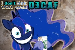 Size: 600x400 | Tagged: safe, artist:kraden, princess luna, pony, g4, coffee, coffee cup, cup, faic, female, insanity, luna found the coffee, lunatic, run for your lives, slasher smile, solo