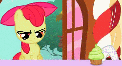 Size: 1082x586 | Tagged: safe, screencap, apple bloom, sweetie belle, pony, g4, season 2, the cutie pox, animated, blinking, cupcake, female, food, offscreen character, solo focus
