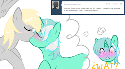 Size: 1080x600 | Tagged: safe, artist:azure-doodle, derpy hooves, lyra heartstrings, pegasus, pony, unicorn, g4, ask, blushing, eyes closed, female, kissing, lesbian, lyraderp, mare, sexually confused lyra, shipping, thought bubble, tumblr, wat