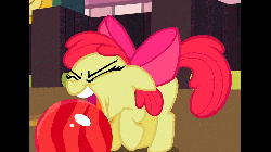 Size: 1280x720 | Tagged: safe, screencap, apple bloom, earth pony, pony, g4, the cutie pox, animated, bowling ball, female, mouth hold, solo, this will end in broken teeth