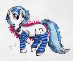 Size: 2432x2020 | Tagged: safe, artist:mr detel, dj pon-3, vinyl scratch, pony, g4, clothes, female, headphones, pixiv, socks, solo, striped socks, traditional art