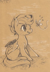 Size: 591x844 | Tagged: safe, artist:mi-eau, scootaloo, butterfly, pegasus, pony, g4, blank flank, cute, cutealoo, female, filly, foal, monochrome, music notes, open mouth, signature, sitting, smiling, solo, spread wings, traditional art, wings