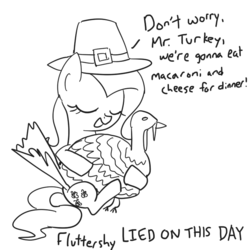Size: 700x700 | Tagged: safe, artist:spicyhamsandwich, fluttershy, pony, turkey, g4, blatant lies, eyes closed, female, hat, implied death, implied ponies eating meat, mare, monochrome, sketch, text, thanksgiving