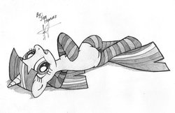 Size: 800x517 | Tagged: safe, artist:jcosneverexisted, twilight sparkle, pony, g4, clothes, female, monochrome, socks, solo, striped socks, traditional art