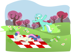 Size: 2635x1932 | Tagged: safe, artist:saturdaymorningproj, bon bon, lyra heartstrings, sweetie drops, earth pony, pony, unicorn, g4, female, lesbian, mare, pillow, ship:lyrabon, shipping, sleeping, tree