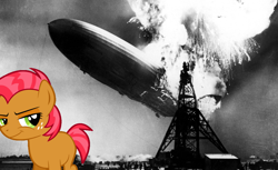 Size: 1019x623 | Tagged: safe, babs seed, pony, g4, one bad apple, disaster girl, hindenburg, hindenburg disaster, irl, photo, ponies in real life, vector, zeppelin