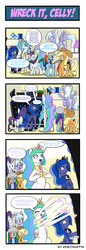 Size: 660x1914 | Tagged: safe, artist:reikomuffin, applejack, cloudchaser, princess celestia, princess luna, rainbow dash, rarity, alicorn, earth pony, pegasus, pony, unicorn, g4, 4koma, :3, :d, :o, :|, atatatatata, broken english, butt, comic, cute, cutelestia, eyes closed, female, frown, glasses, hat, mare, no mouth, open mouth, plot, raised hoof, shocked, sitting, smiling, tilde, underhoof, watching, wheeeee, wide eyes, wreck-it ralph